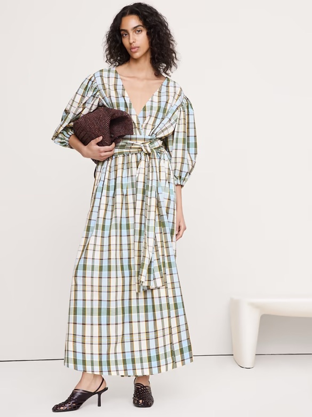 NWT Banana Republic White Plaid Maxi Dress with Green & Tan Stripes